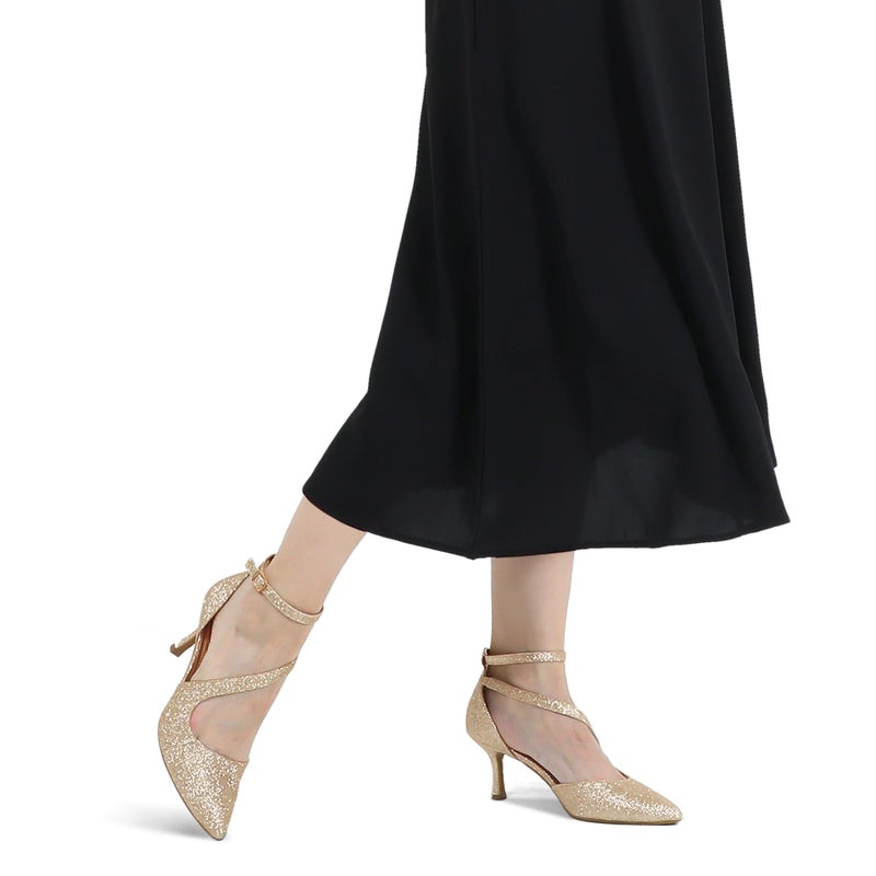 mysoft Women's Pumps Pointed Toe Stiletto Ankle Strap Closed Toe Low Heel Wedding Party Dress Shoes Gold - Image 2