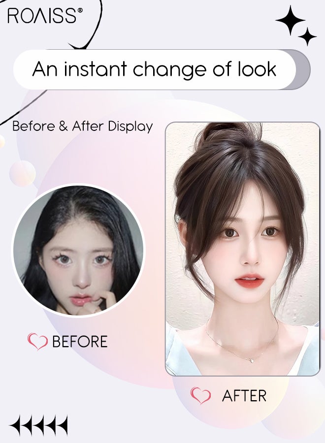 رويس غطاء شعر نسائي غير مرئي بدون درزات، غرة أنيقة مفروقة من المنتصف، قطعة شعر شبكية داخلية رقيقة وجيدة التهوية، مناسبة للنساء ذوات تساقط الشعر الخفيف، تغطي الشعر الرمادي وتزيد من كثافته، بني-أسود، 7×7 سم - Image 4