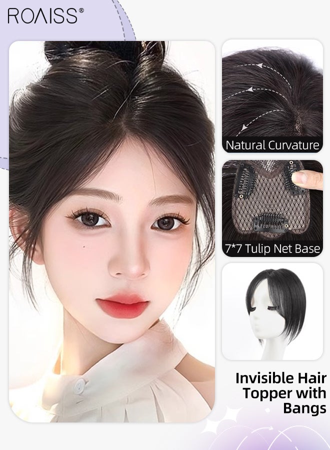 رويس غطاء شعر نسائي غير مرئي بدون درزات، غرة أنيقة مفروقة من المنتصف، قطعة شعر شبكية داخلية رقيقة وجيدة التهوية، مناسبة للنساء ذوات تساقط الشعر الخفيف، تغطي الشعر الرمادي وتزيد من كثافته، بني-أسود، 7×7 سم - Image 1