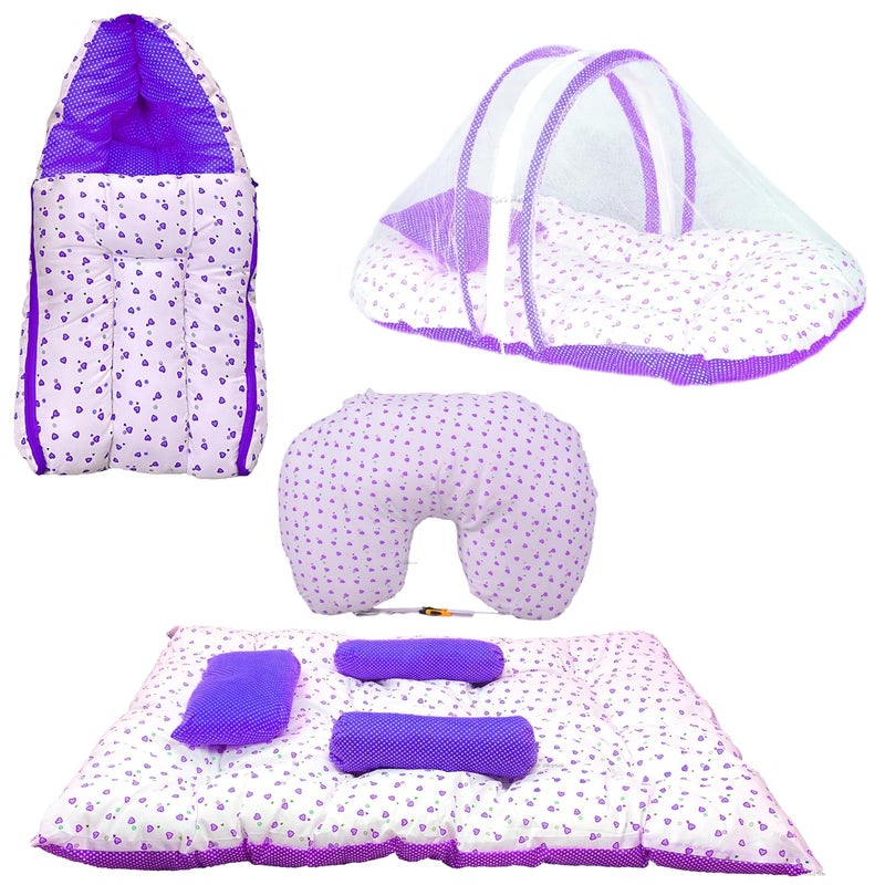 Kid's Charm Kids Charm Little Heart 4 PCS Combo Set3 in 1 Babys Carry Bed5 in 1 Babys Feeding Pillow with Safety Belt2 in 1 Babys Cotton with Mosquito Net2 in 1 Babys Sleeping Bed for 04 Months Grey - Image 1