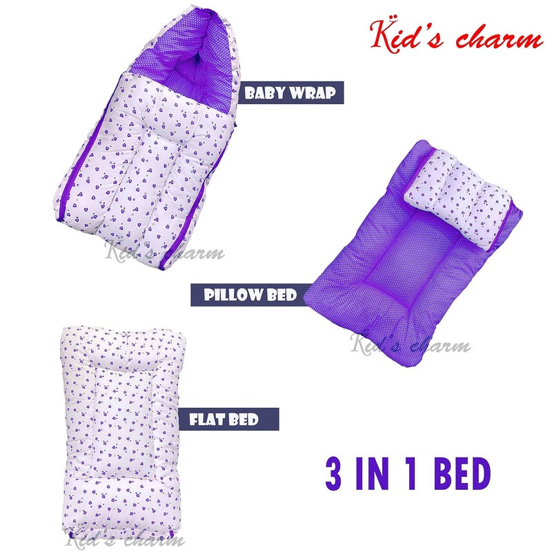 Kid's Charm Kids Charm Little Heart 4 PCS Combo Set3 in 1 Babys Carry Bed5 in 1 Babys Feeding Pillow with Safety Belt2 in 1 Babys Cotton with Mosquito Net2 in 1 Babys Sleeping Bed for 04 Months Grey - Image 2
