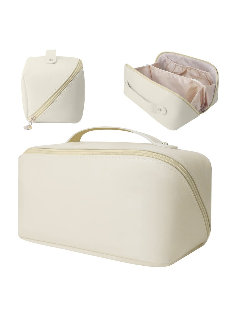 MIXDE Large-Capacity Travel Cosmetic Bag | Leather Makeup Bag | Waterproof Portable Cosmetic Bag | Multifunctional Storage Makeup Bag | Travel Cosmetic Bag (White)  - Image 1