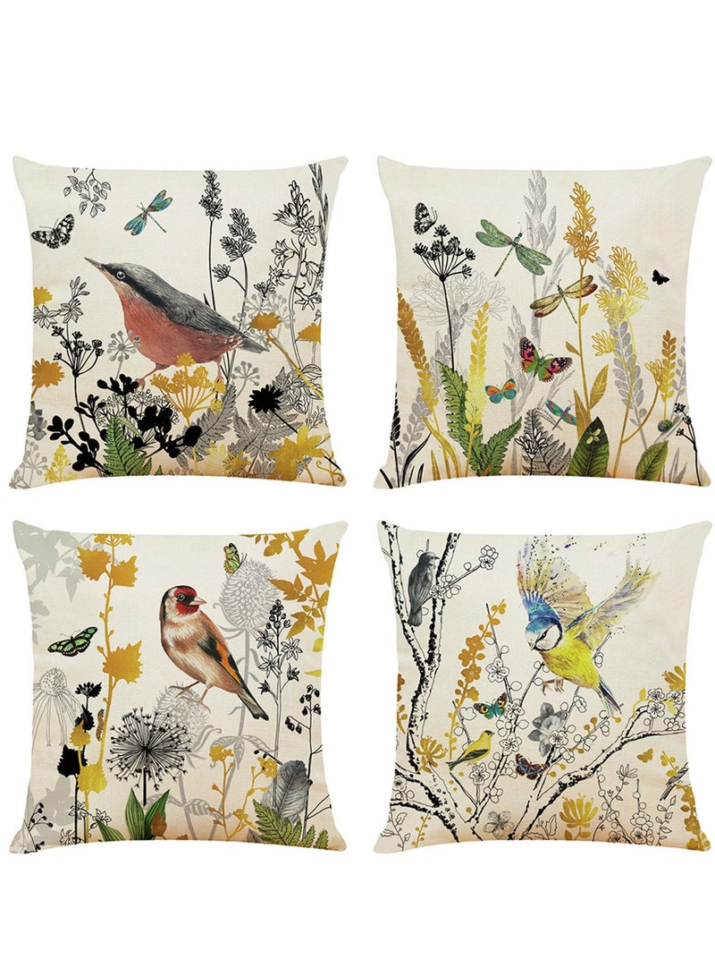 أغطية وسائد 45x45 سم مجموعة من 4 أغطية وسائد مزخرفة بطائر وفراشة أغطية وسائد مربعة من الكتان أغطية وسائد مزدوجة الجوانب لغرفة المعيشة الريفية - Image 1