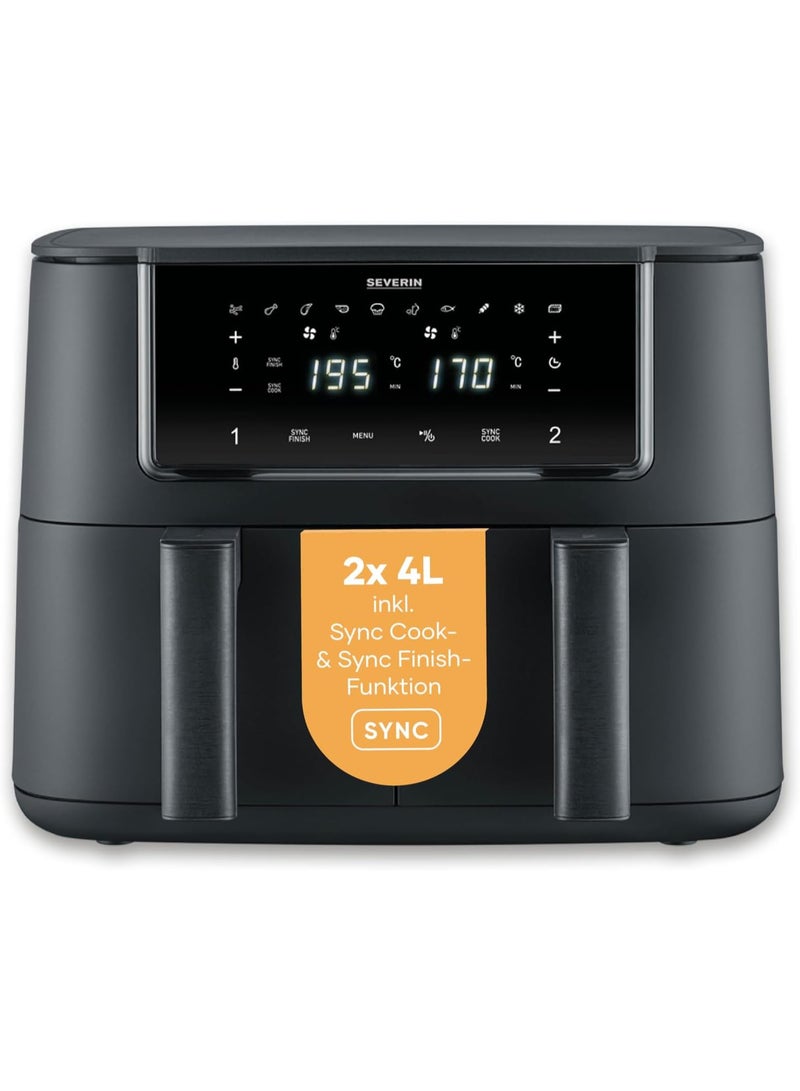 Severin Dual Zone Hot Air Fryer, 2 x 4L Compartments, Versatile Preparation, Touch Display, Keep Warm Function, Temperature Setting Synchronisable, 10 Programmes, 2600 W, Black Line, FR 2463