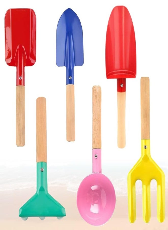 MEIDAYAI 8'' Kids Gardening Set, 6 Pcs Beach Toys, Kids Metal Sand Toys Sandbox Toys, Children Sand Toys Gardening Set with Sturdy Wooden Handle, Beach Shovels for Kid Ages 3-8 - Image 1
