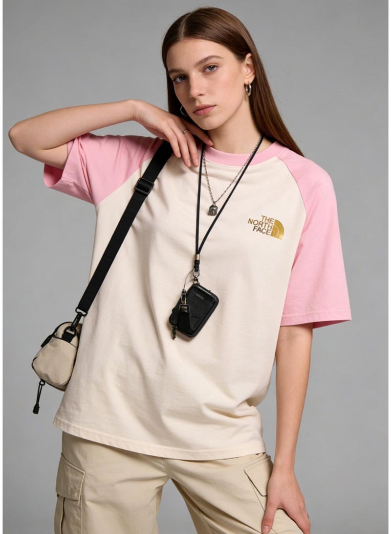 THE NORTH FACE Pink & White raglan T-shirt unisex loose casual couple short sleeve T-shirt - Image 1