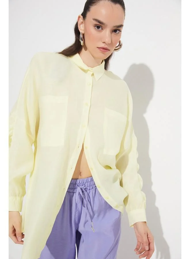 JUNE June Women Exclusive Boyfriend/Wide Fited Drawstring Detailed Modal Blend Shirt Yellow