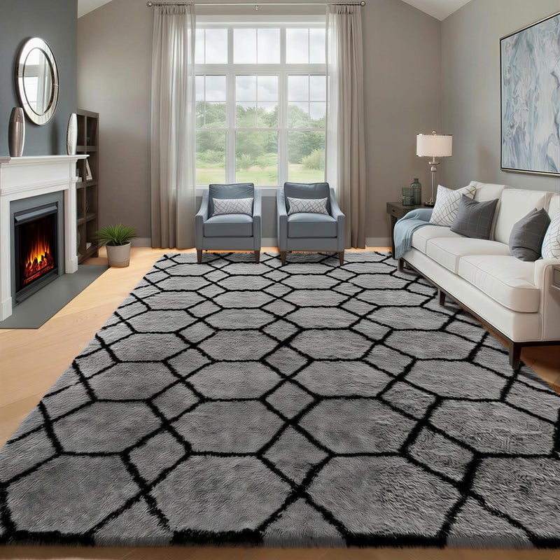 ONASAR 6x9 Area Rugs for Living Room Bedroom, Large Fluffy Grey and Black Throw Rug, Geometric Soft Plush Shaggy Fuzzy Floor Carpet for Nursery Kids Girls Boys Teen Dorm Home Office Decor Aesthetic - Image 4