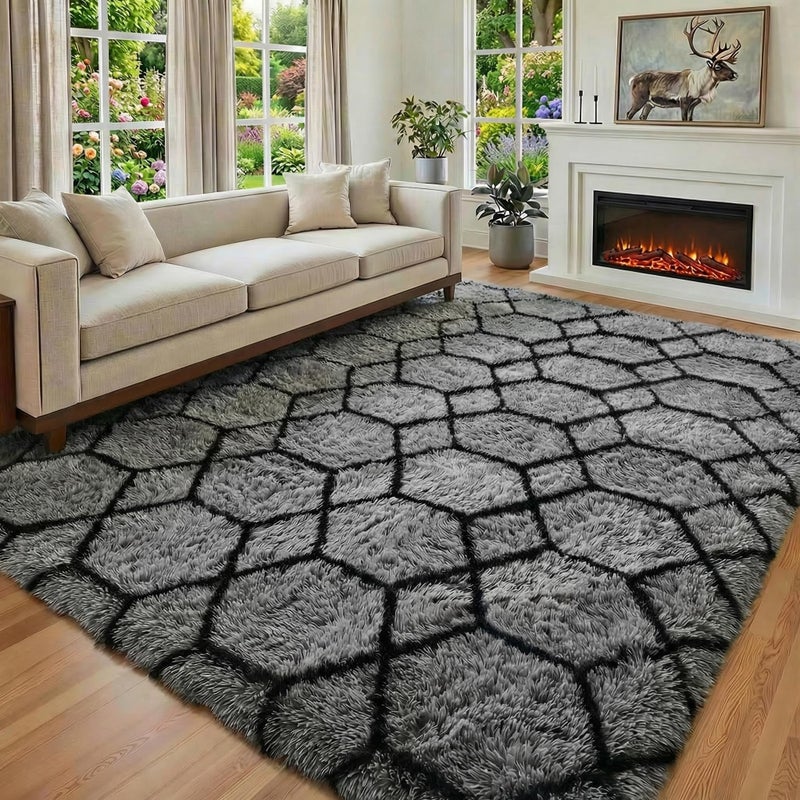 ONASAR 6x9 Area Rugs for Living Room Bedroom, Large Fluffy Grey and Black Throw Rug, Geometric Soft Plush Shaggy Fuzzy Floor Carpet for Nursery Kids Girls Boys Teen Dorm Home Office Decor Aesthetic - Image 1