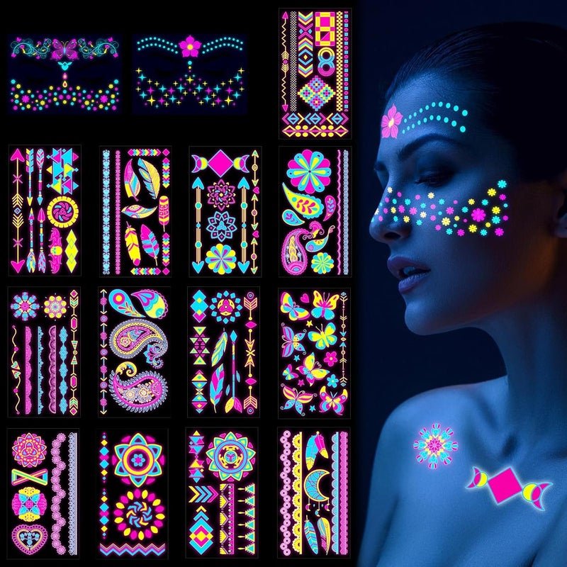 15 Sheets UV Blacklight Neon Temporary Tattoos 200 Glow in the Dark Designs for Rave Festivals and Parties