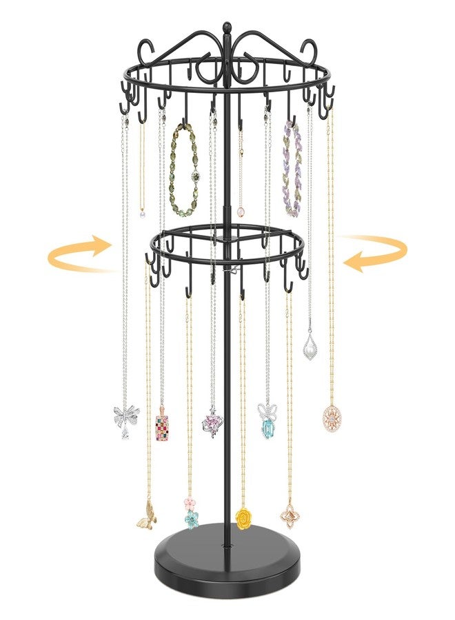 EsLuker.ly Necklace Holder Organizer Rotating Display Stand, 2 Tier Adjustable Height Necklaces Hanger Tree Tower with 42 Hooks, Metal Tall Jewelry Bracelet Storage Rack for Women Vendors Sell, Black - Image 1