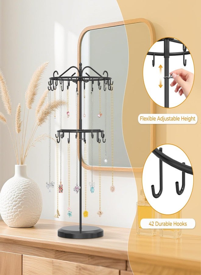 EsLuker.ly Necklace Holder Organizer Rotating Display Stand, 2 Tier Adjustable Height Necklaces Hanger Tree Tower with 42 Hooks, Metal Tall Jewelry Bracelet Storage Rack for Women Vendors Sell, Black - Image 4