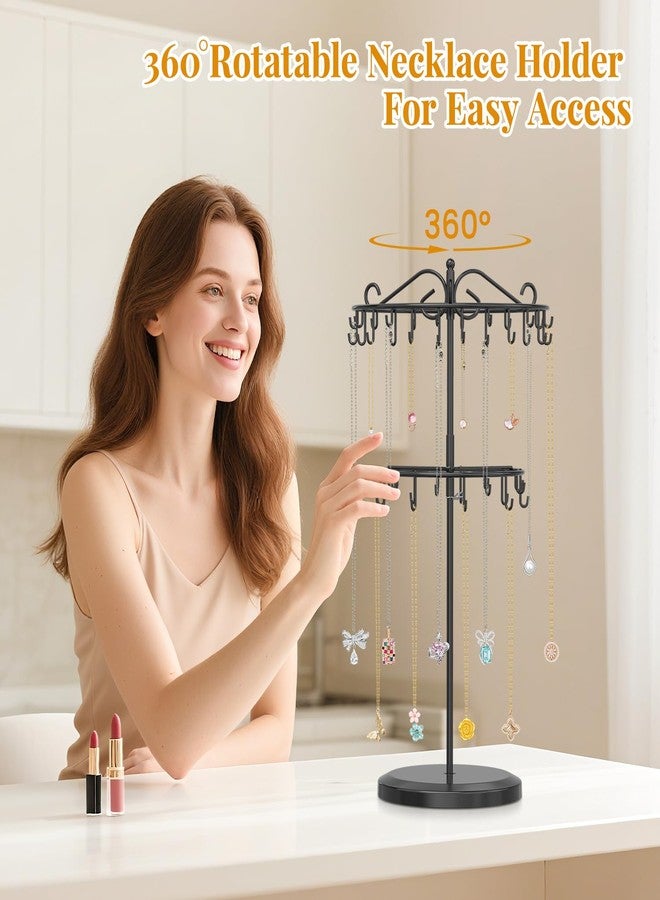 EsLuker.ly Necklace Holder Organizer Rotating Display Stand, 2 Tier Adjustable Height Necklaces Hanger Tree Tower with 42 Hooks, Metal Tall Jewelry Bracelet Storage Rack for Women Vendors Sell, Black - Image 2