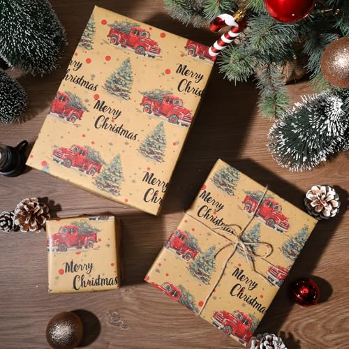 LaRibbons Kraft Vintage Christmas Wrapping Paper Roll, Classic Truck Design Gift Wrap Paper for Christmas, Holiday, Season Party Celebration, 17 Inch x 33 Feet - Image 5