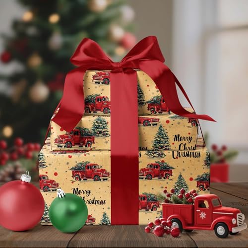 LaRibbons Kraft Vintage Christmas Wrapping Paper Roll, Classic Truck Design Gift Wrap Paper for Christmas, Holiday, Season Party Celebration, 17 Inch x 33 Feet - Image 3