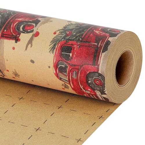 LaRibbons Kraft Vintage Christmas Wrapping Paper Roll, Classic Truck Design Gift Wrap Paper for Christmas, Holiday, Season Party Celebration, 17 Inch x 33 Feet - Image 1