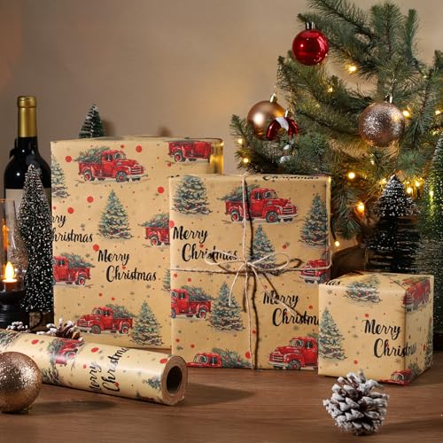 LaRibbons Kraft Vintage Christmas Wrapping Paper Roll, Classic Truck Design Gift Wrap Paper for Christmas, Holiday, Season Party Celebration, 17 Inch x 33 Feet - Image 2