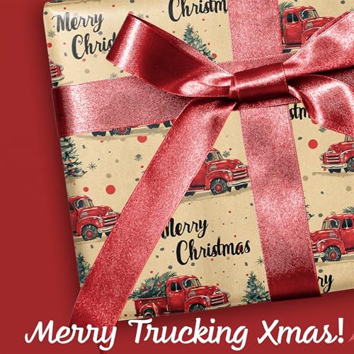 LaRibbons Kraft Vintage Christmas Wrapping Paper Roll, Classic Truck Design Gift Wrap Paper for Christmas, Holiday, Season Party Celebration, 17 Inch x 33 Feet - Image 4
