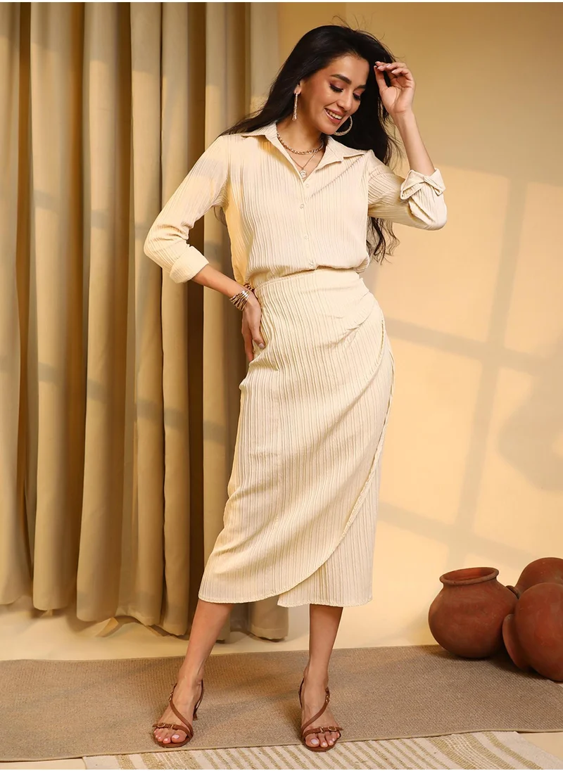 PINACOLADA Women's Pale Yellow Textured Wrap Co-Ord Set