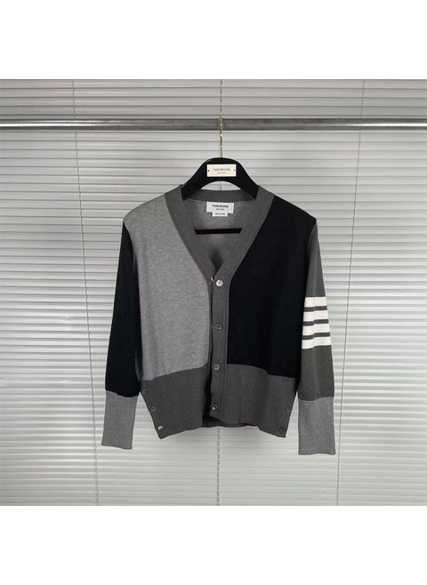 Spring Autumn TB22 V-Neck Wool Cardigan Casual Fashion Comfortable Color Blocking Wool Cardigan Thin Style For Summer Grey spelling