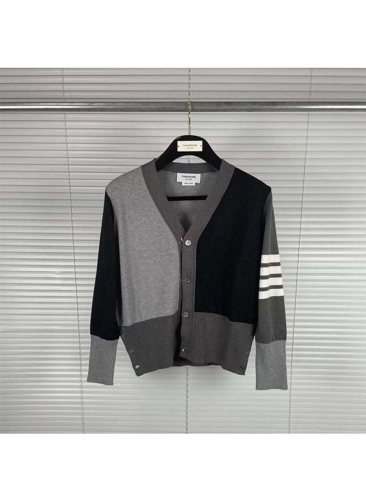 Spring Autumn TB22 V-Neck Wool Cardigan Casual Fashion Comfortable Color Blocking Wool Cardigan Thin Style For Summer Grey spelling