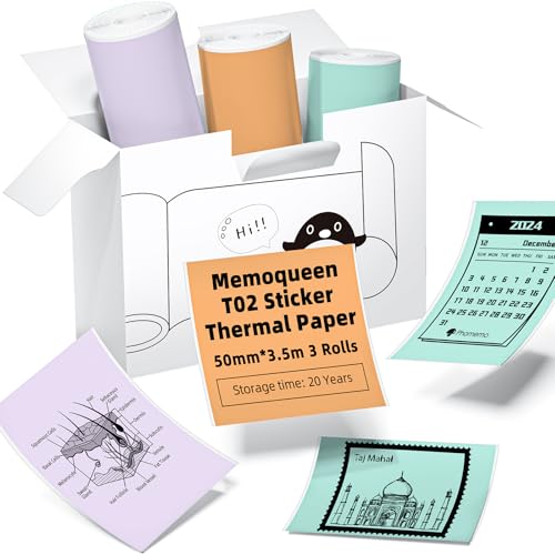 Memoqueen Phomemo T02 Color Adhesive Thermal Paper, for T02/M02/M02X/M02L/S002/AHM2/X6, Mint Green/Lavender Purple/Light Orange Paper, 50mmx3.5mm, Keep for 20 Years, 3 Rolls - Image 1