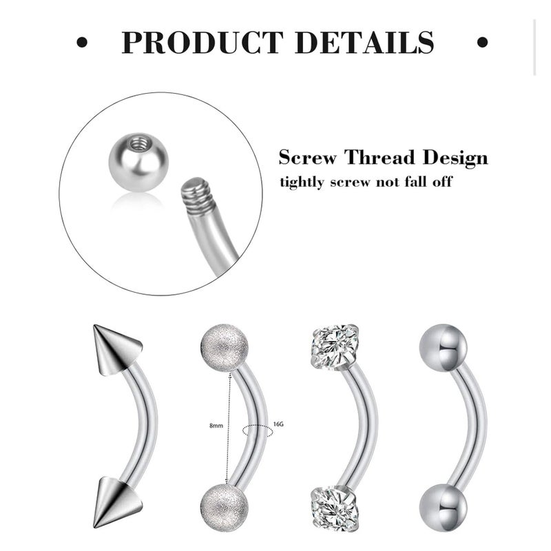 Suotarn 47pcs 16G Stainless Steel Eyebrow Piercing Rings Clear CZ Curved Barbell Helix Daith Rook Earrings Piercing Body Jewelry for Women Men - Image 3
