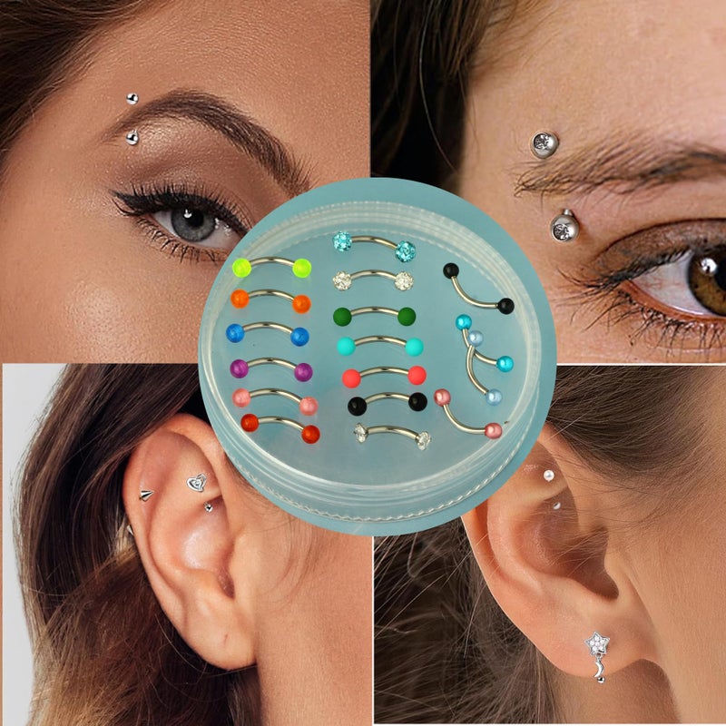 Suotarn 47pcs 16G Stainless Steel Eyebrow Piercing Rings Clear CZ Curved Barbell Helix Daith Rook Earrings Piercing Body Jewelry for Women Men - Image 4