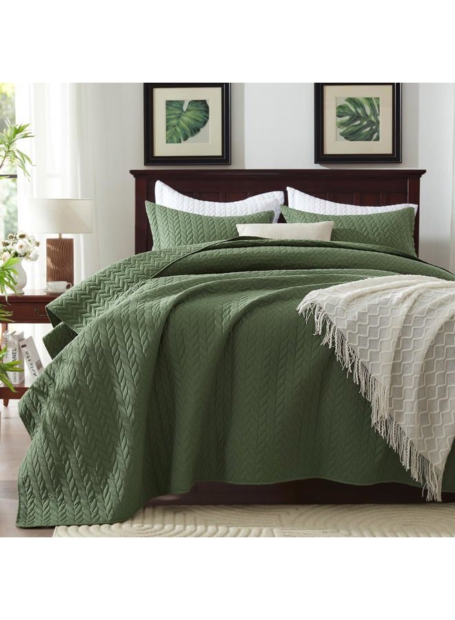 SunStyle Home Olive Green Queen Quilt Bedding Set, Lightweight Summer Bedspread Blanket Full Queen Size Quilt, Luxury Quilted Stitching Coverlet with 2 Pillow Shams Leaf Embroidered Pattern 3pcs - Image 5