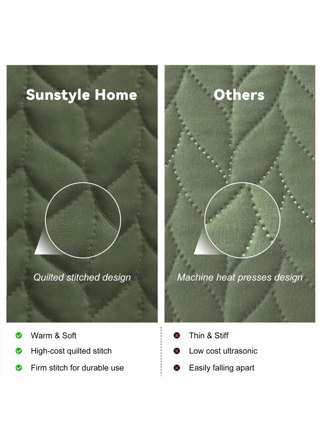 SunStyle Home Olive Green Queen Quilt Bedding Set, Lightweight Summer Bedspread Blanket Full Queen Size Quilt, Luxury Quilted Stitching Coverlet with 2 Pillow Shams Leaf Embroidered Pattern 3pcs - Image 3