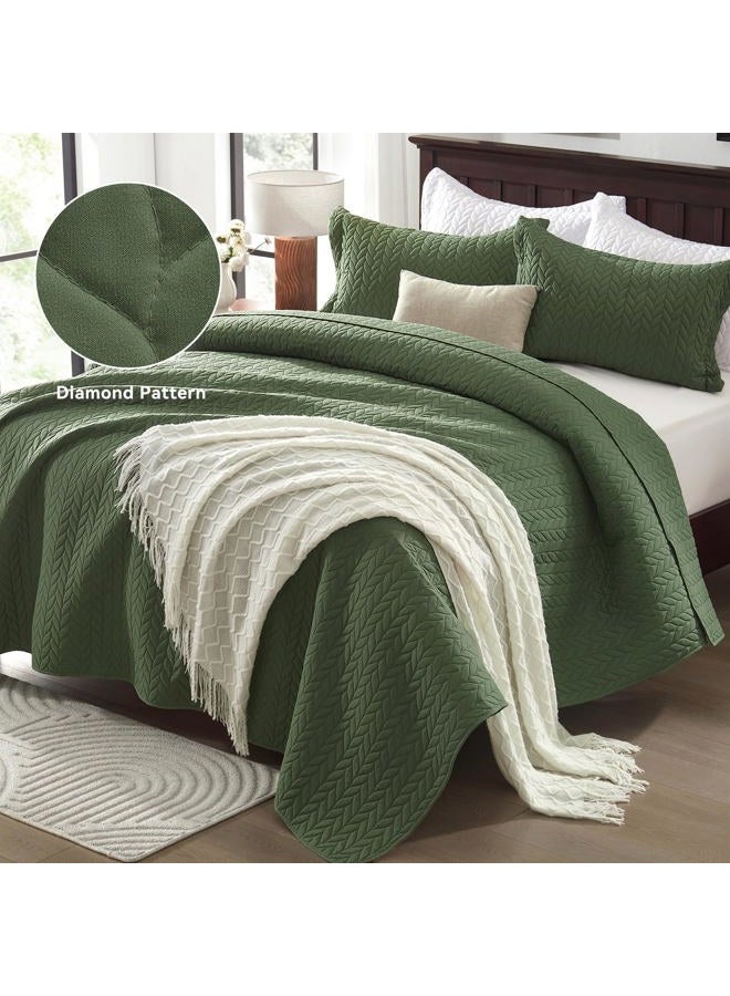 SunStyle Home Olive Green Queen Quilt Bedding Set, Lightweight Summer Bedspread Blanket Full Queen Size Quilt, Luxury Quilted Stitching Coverlet with 2 Pillow Shams Leaf Embroidered Pattern 3pcs - Image 2