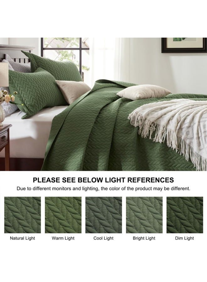 SunStyle Home Olive Green Queen Quilt Bedding Set, Lightweight Summer Bedspread Blanket Full Queen Size Quilt, Luxury Quilted Stitching Coverlet with 2 Pillow Shams Leaf Embroidered Pattern 3pcs - Image 4