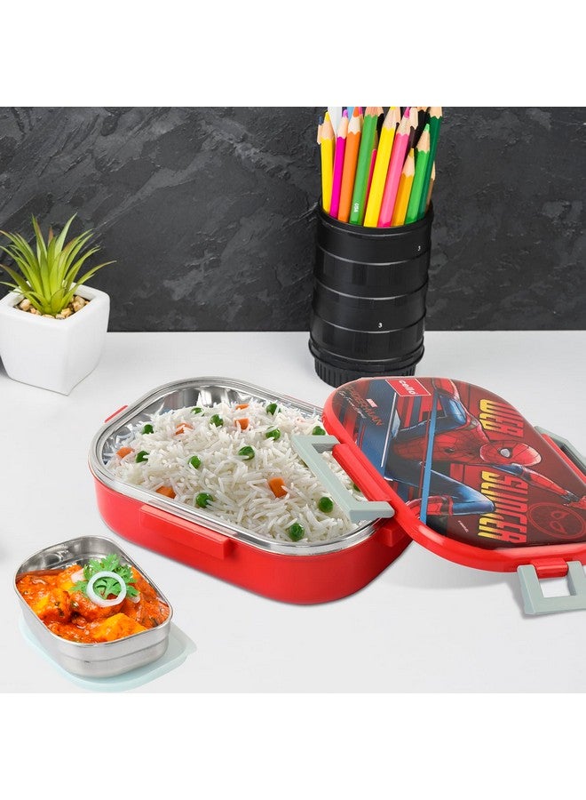 Cello CELLO Feast Deluxe Kids Lunch Box Spider Man, Red | Leak-Proof Snacks Tiffin Box for School Kids Inner Stainless Steel Mini Box | 2 Container with Locking Lid | Ideal for School & Picnic  - Image 2