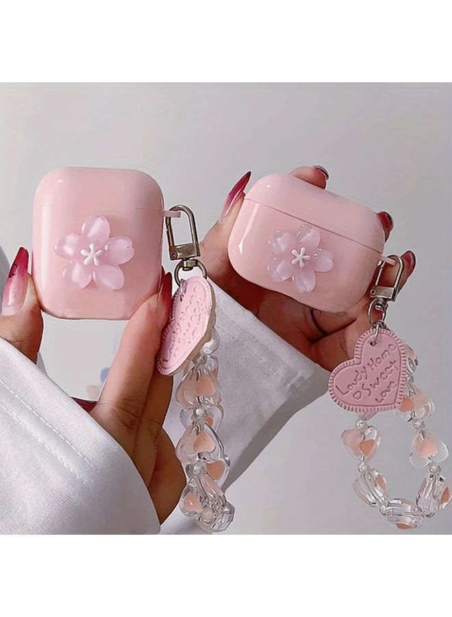 Pink Cherry Blossom 3D Flower TPU Case for AirPods Pro 2 with Keychain Accessory - Image 2
