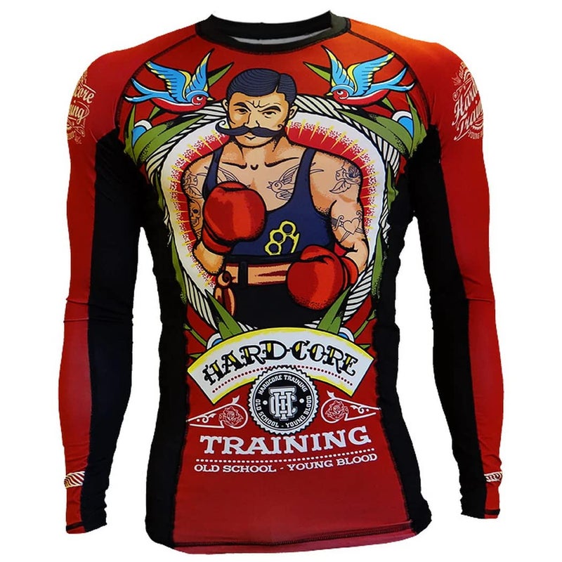 Hardcore Training Old Tattoo Men's Rash Guard Compression Long Sleeve MMA No-Gi Tight BJJ Grappling Base Layer Fitness Red - Image 5