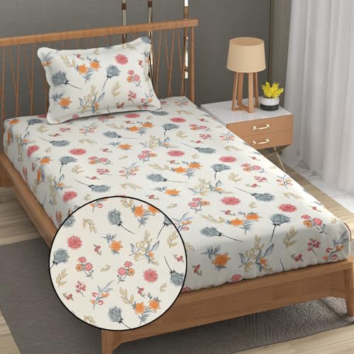 FRESH FROM LOOM Hypoallergenic Floral Print 240 TC Microfiber Single Bed Bedsheet with 1 Pillow Covers (Size- 60 x 90 Inch | Pastel-Cream) - Image 1