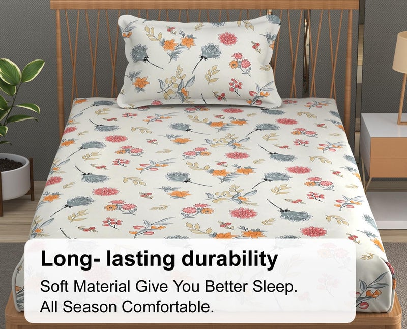 FRESH FROM LOOM Hypoallergenic Floral Print 240 TC Microfiber Single Bed Bedsheet with 1 Pillow Covers (Size- 60 x 90 Inch | Pastel-Cream) - Image 2