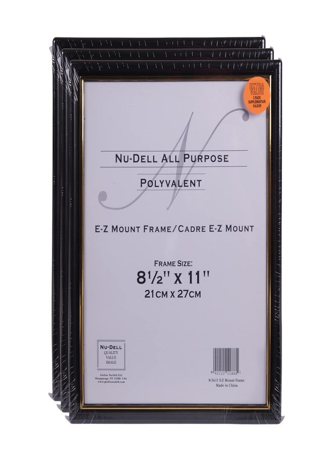 NuDell (3) 8.5" x 11" Economy EZ Mount Document Frame with Plastic Face VALUE PACK, Black w/ Gold Trim - Image 1