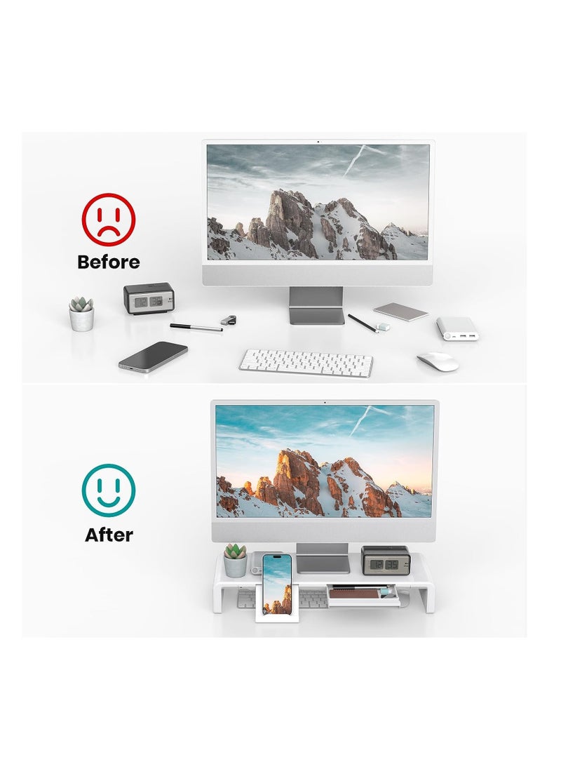 Olmaster - Monitor Stand Riser, Foldable Computer Monitor Riser,Height Adjustable Computer Stand, Desk Shelf Riser with Storage Drawer  (White) - Image 1