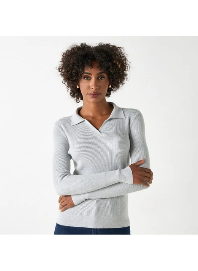 2Xtremz 2Xtremz Ribbed Sweater with Long Sleeves and Collared Neckline