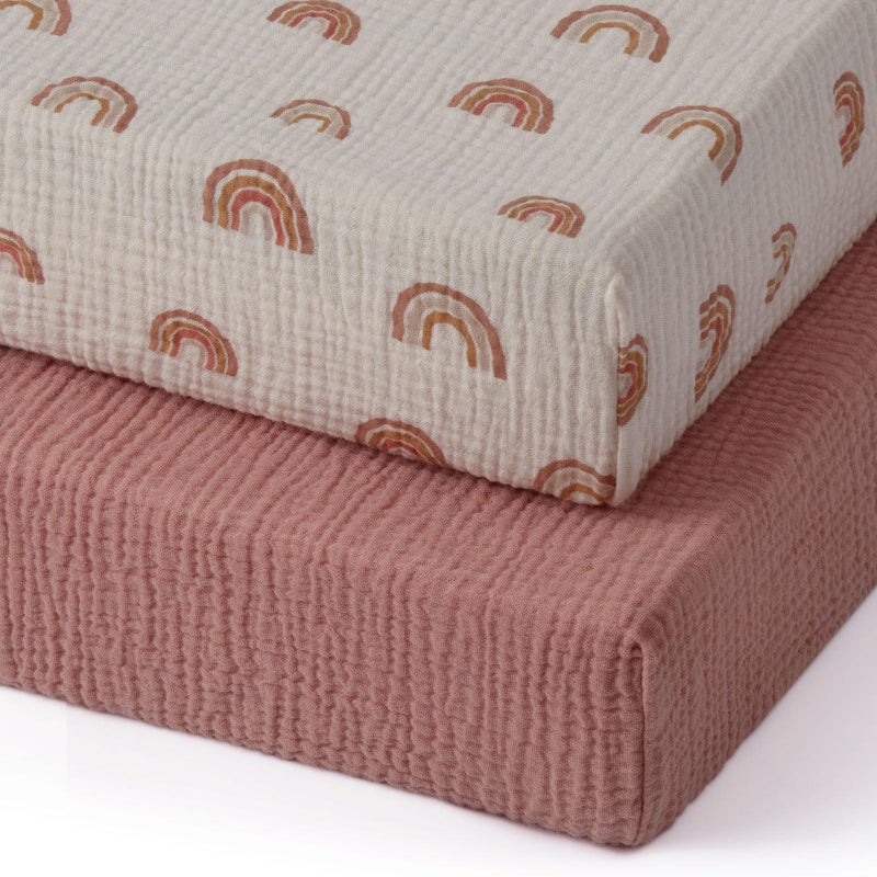 Blissful Diary Muslin Mini Crib Sheets Pack and Play Mattress Sheets Fitted for Pack N Play Soft Cotton for Boys Girls 2 PackDusty PinkRainbow
