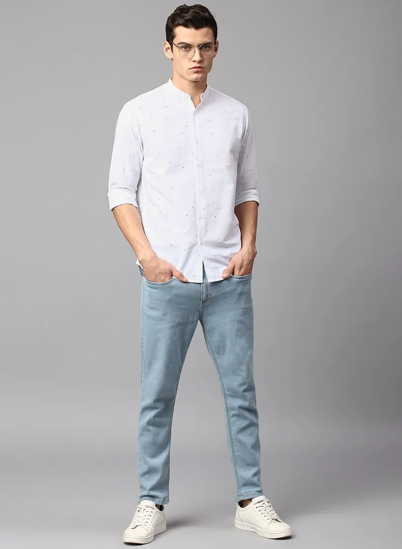 Dennis Lingo Slim Fit White Men's Printed Shirt, Mandarin Collar, Full Sleeves, 100% Cotton,