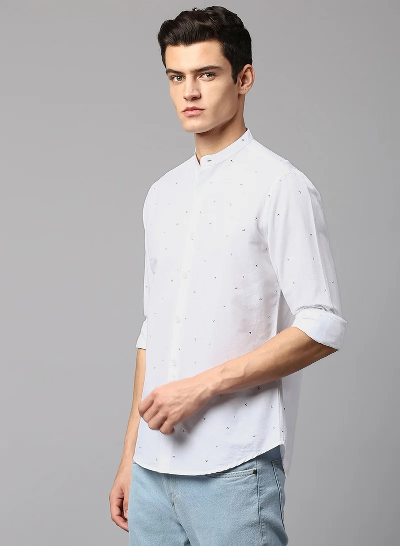 Dennis Lingo Slim Fit White Men's Printed Shirt, Mandarin Collar, Full Sleeves, 100% Cotton,