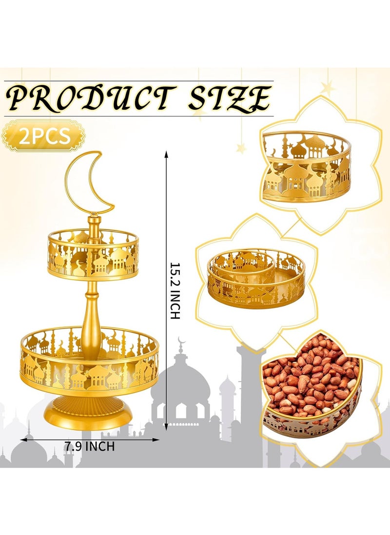 Jorunb 2 Pieces Eid Metal Tray Decorations Mubarak Cake Stand Golden Decorative Trays Ramadan Cupcake Holder Double Layer Cookie Tray Rack Dessert Display Plate for Eid Mubarak Party Supplies  - Image 2