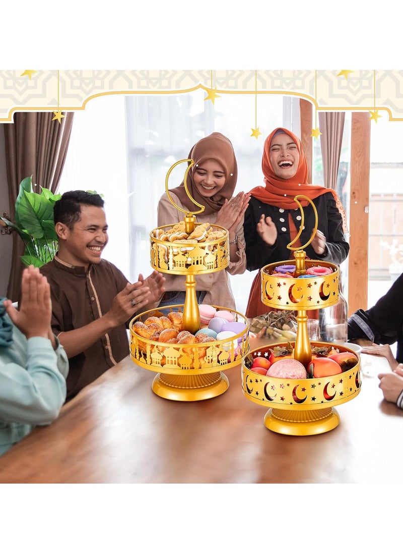 Jorunb 2 Pieces Eid Metal Tray Decorations Mubarak Cake Stand Golden Decorative Trays Ramadan Cupcake Holder Double Layer Cookie Tray Rack Dessert Display Plate for Eid Mubarak Party Supplies  - Image 4