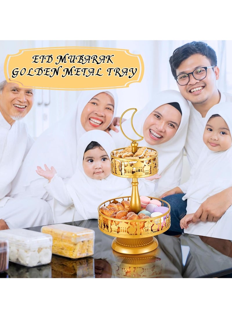 Jorunb 2 Pieces Eid Metal Tray Decorations Mubarak Cake Stand Golden Decorative Trays Ramadan Cupcake Holder Double Layer Cookie Tray Rack Dessert Display Plate for Eid Mubarak Party Supplies  - Image 5