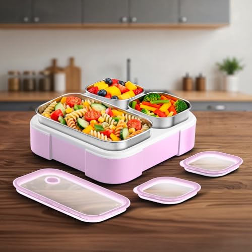 VAYA Tydbyt Tiffin Box for Women Stainless Steel, 3 Steel Containers & Lids, Lunch Box for Kids Girls 3 Compartment, Organized Meals with No Mix-Ups, Bento Box, Lilac Love - Image 2