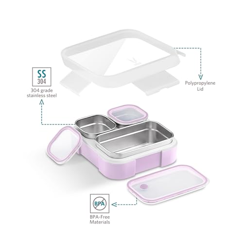 VAYA Tydbyt Tiffin Box for Women Stainless Steel, 3 Steel Containers & Lids, Lunch Box for Kids Girls 3 Compartment, Organized Meals with No Mix-Ups, Bento Box, Lilac Love - Image 4