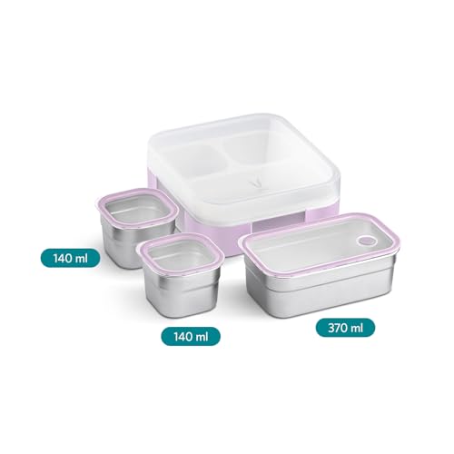 VAYA Tydbyt Tiffin Box for Women Stainless Steel, 3 Steel Containers & Lids, Lunch Box for Kids Girls 3 Compartment, Organized Meals with No Mix-Ups, Bento Box, Lilac Love - Image 3