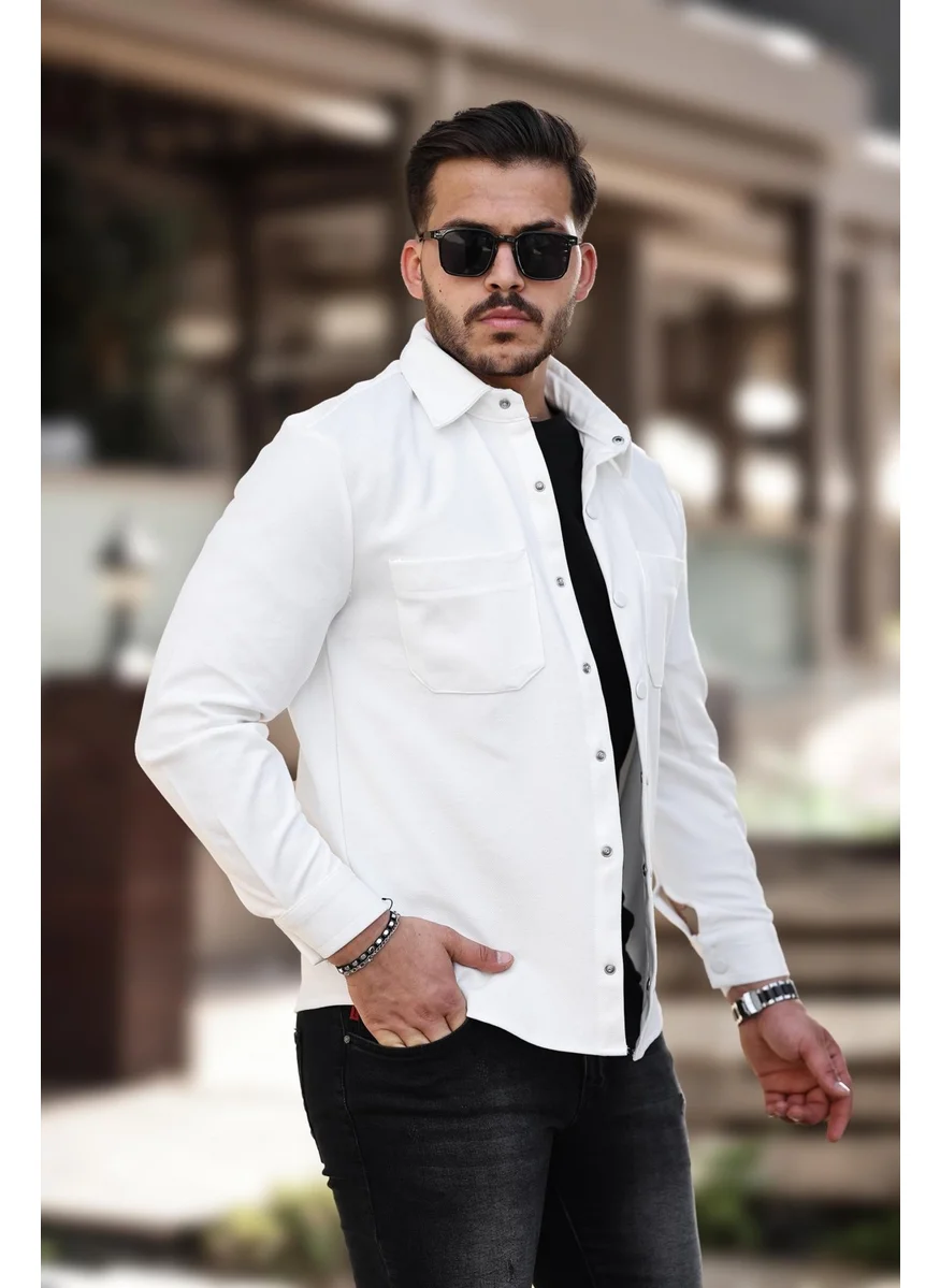Miron White Pique Textured Fabric Shirt Collar Pocket Regular Fit Jacket - 2314
